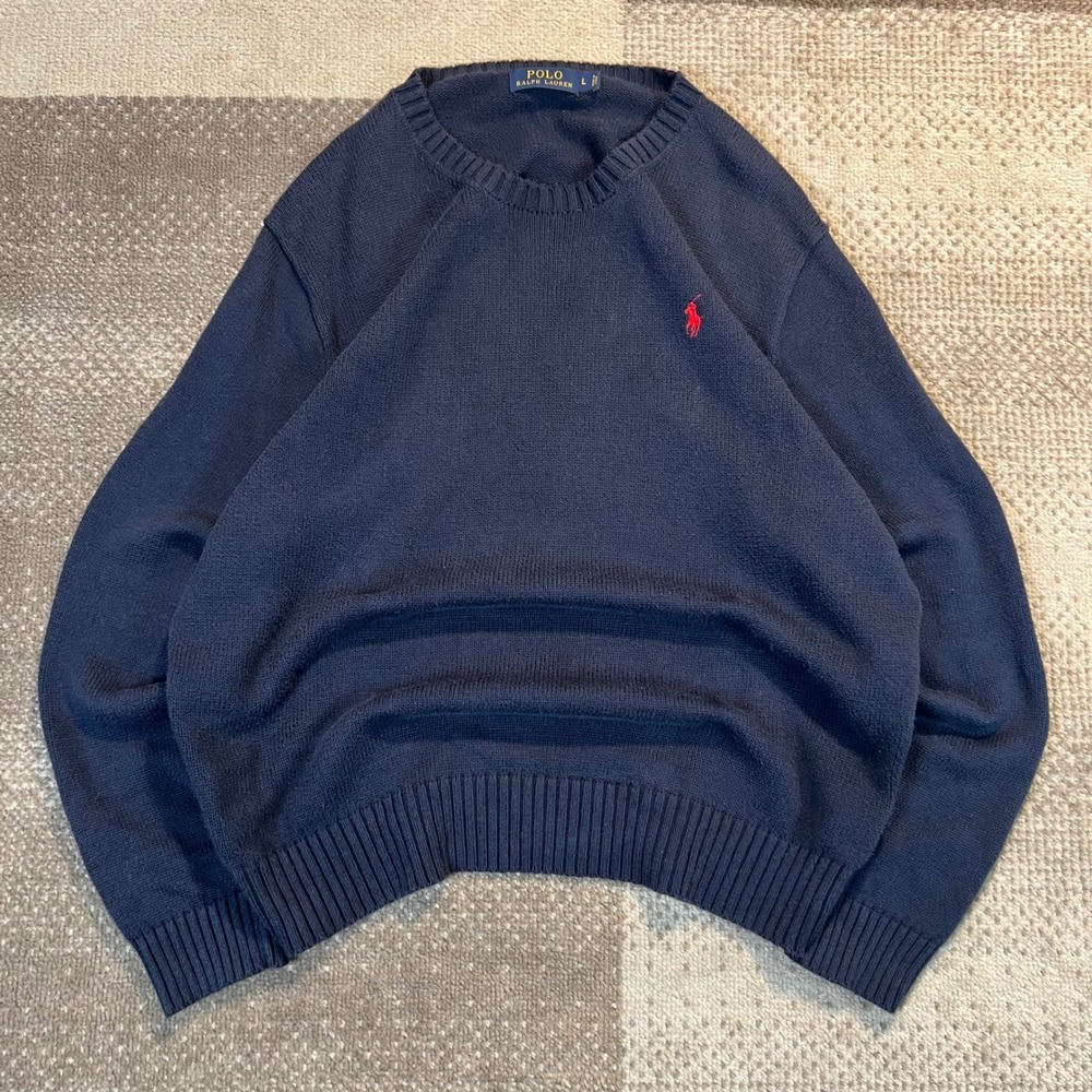 Polo Ralph Lauren Mens Large Navy Blue Cotton Crewneck Sweater Red Pony Logo